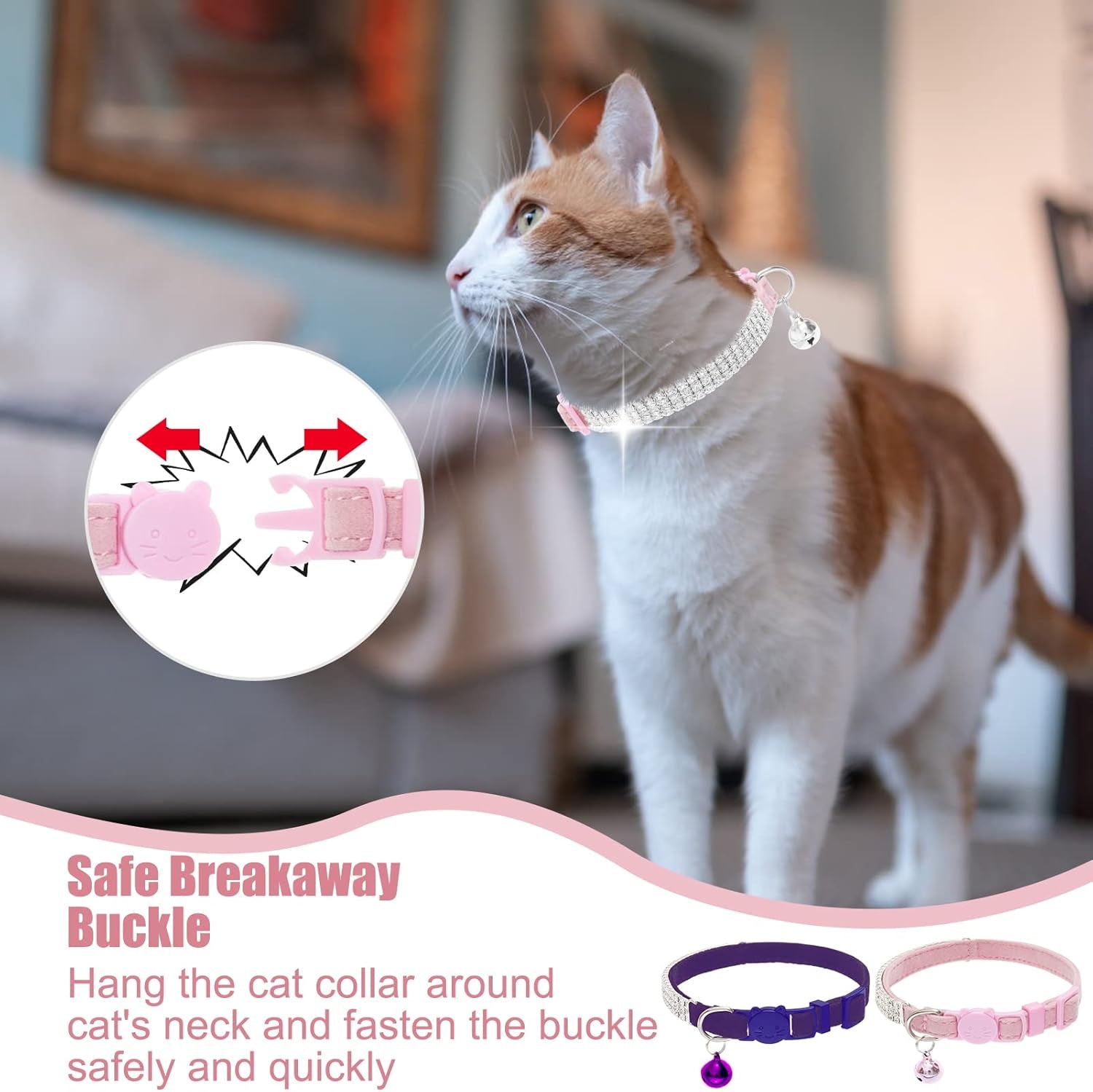 Soft Velvet Safe Cat Collars for Girl Cats -2 Pack Rhinestones Bling Diamante Adjustable Collars Breakaway- Chirstmas Cat Clollar Gifts with Bells for Boy Cats Kitty and Small Dogs