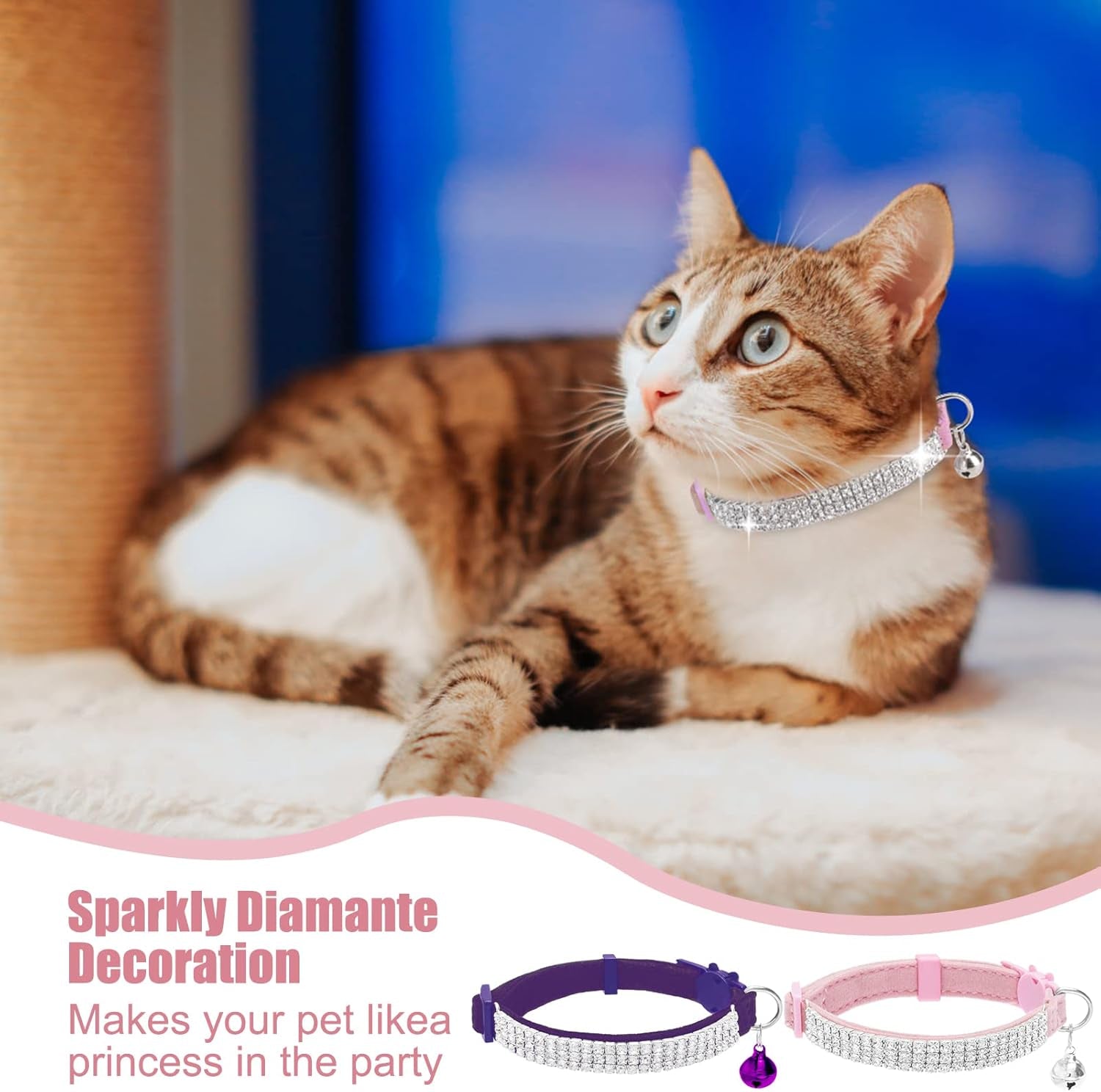 Soft Velvet Safe Cat Collars for Girl Cats -2 Pack Rhinestones Bling Diamante Adjustable Collars Breakaway- Chirstmas Cat Clollar Gifts with Bells for Boy Cats Kitty and Small Dogs